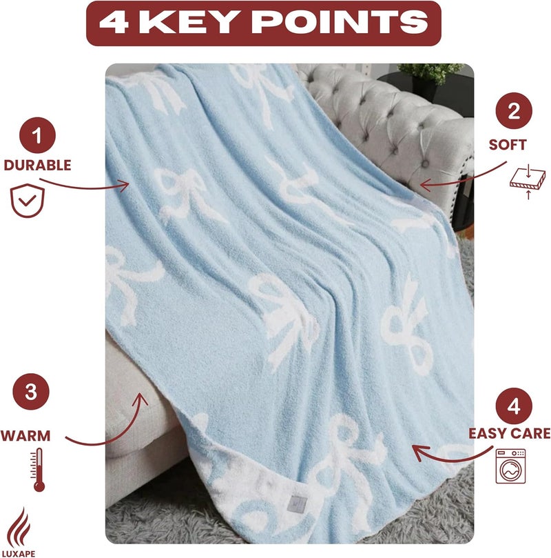 Luxape Bow Blanket Blue Bows Soft Throw Blanket Reversible Premium Cozy Fabric for Best Comfort - for Infant,Toddler,Newborn,Nursery,Girl,Throw,Crib,Stroller,Gift (Blue Bows, 50x60 in) - Image 2